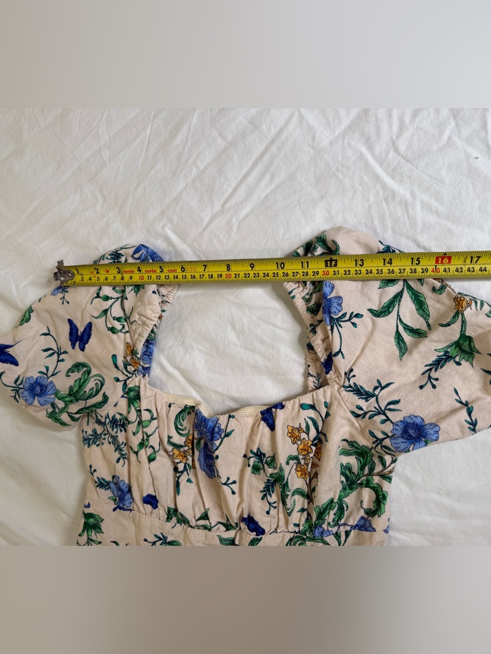 Floral Butterfly Linen Blend Midi Dress Puff Sleeve Autumn Wedding Guest Size 8 - Picture 8 of 11
